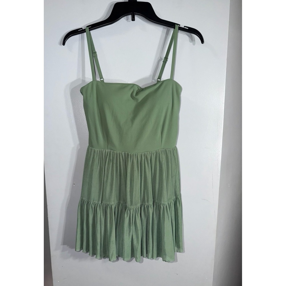 Blogilates Ballerina active dress in olive green featuring a tiered mesh skirt S